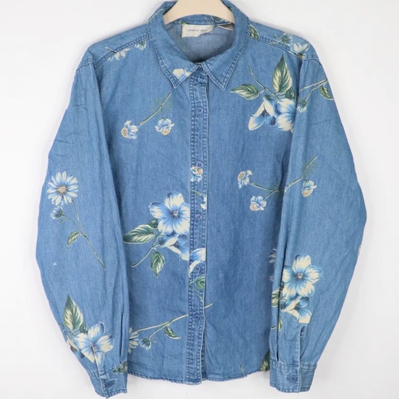 Lemon Grass Vintage Womens Denim Shirt Flower Floral Pattern Long Sleeve Blue L - Picture 2 of 6